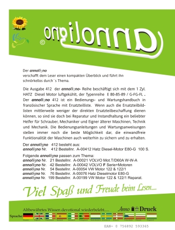 HATZ Diesel Motor 1 Zyl. Luftgekühlt Typen E 80-85-89/G-FG-FL Bedienungsanleitung & Bild- Ersatzteilliste  -  annoligno 412